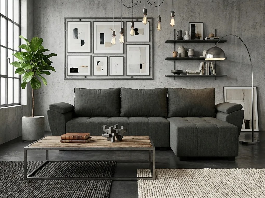 OFERTA Canapea extensibila de colt, reversibila, LIVARO 251x140 cm, gri inchis, a doua calitate