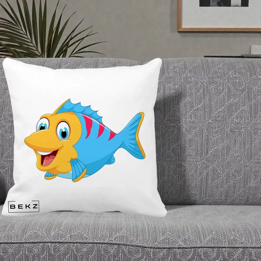 Perna Decorativa Peste Vesel Cartoon, 40x40 cm, Alba Mata, Husa Detasabila, Perna Inclusa, BEKZ®