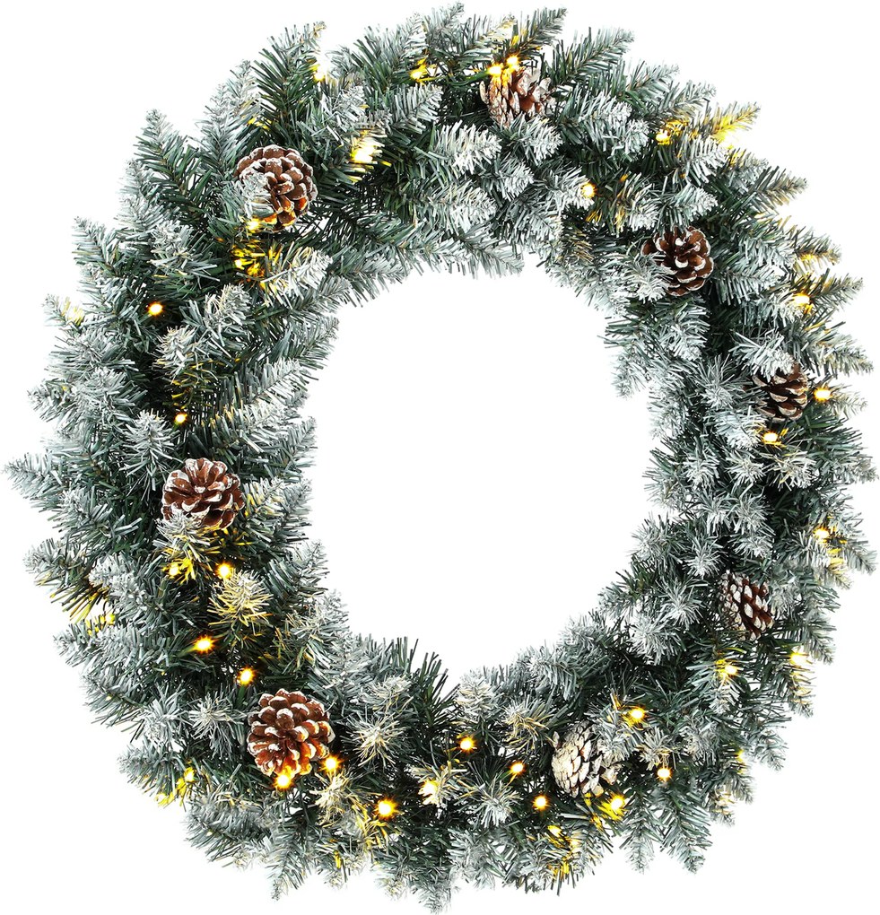 HOMCOM Coroniță de Crăciun 60 cm cu lumini LED, 8 moduri, 140 ramuri, conuri de pin, verde | Aosom Romania