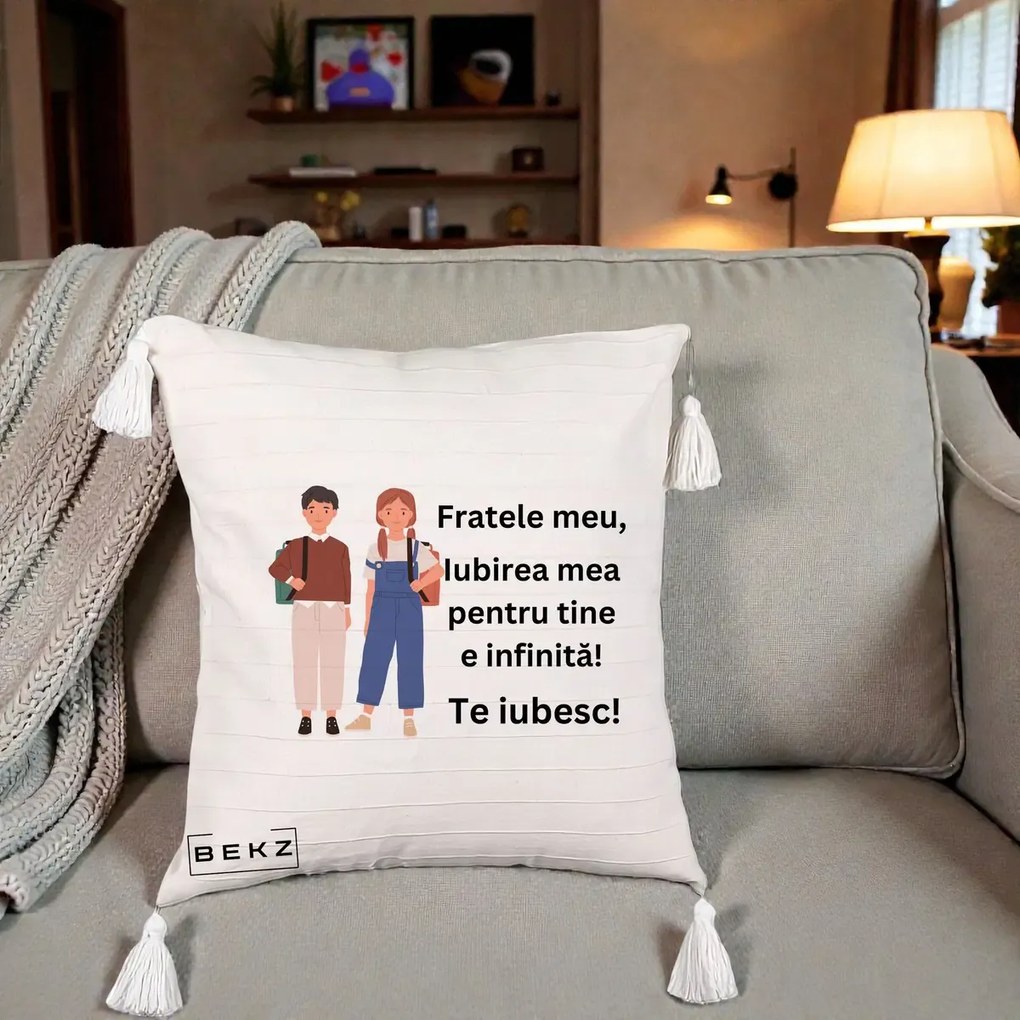 Cadou pentru Frate - Perna Personalizata Fratele Meu Te Iubesc Elevi Ilustratie Colorata, 40x40 cm, Bej cu Franjuri, Husa Detasabila, Perna Inclusa, BEKZ®