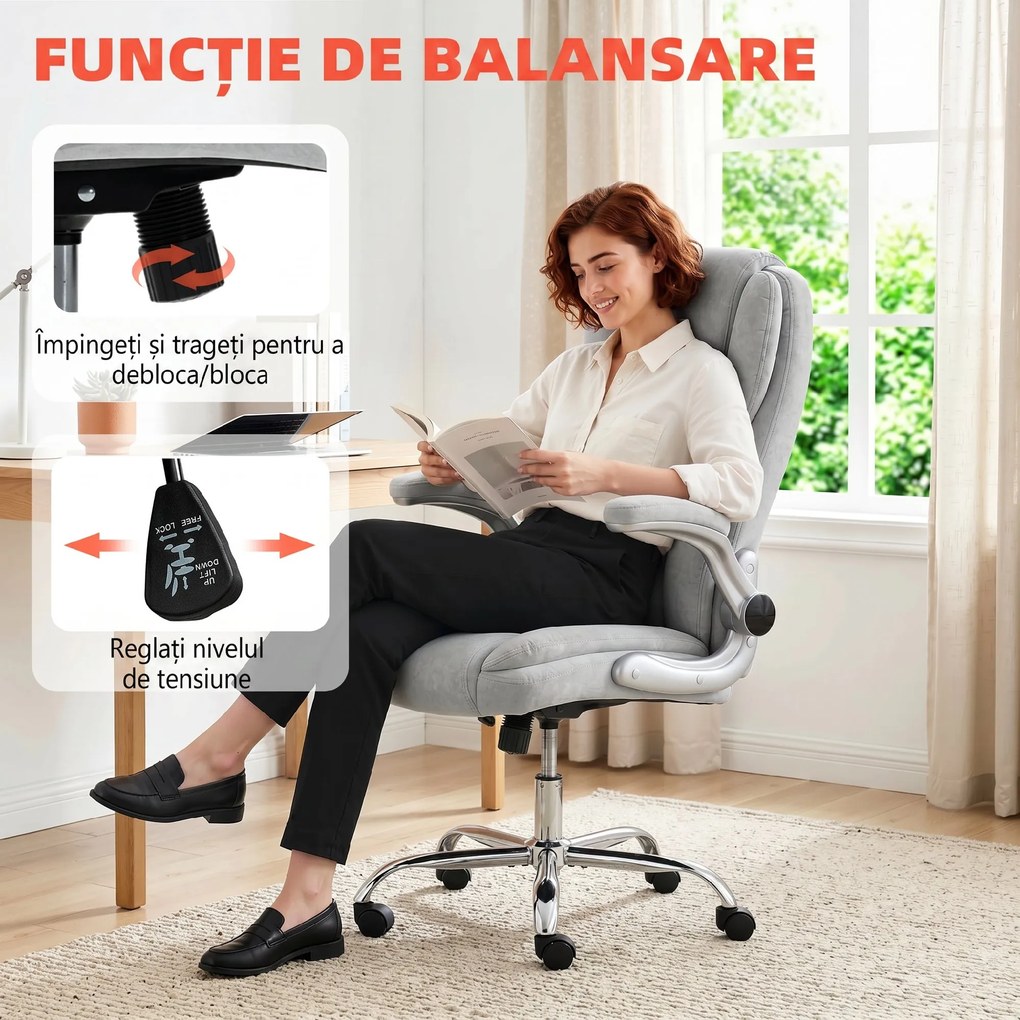 Scaun Ergonomic HOMCOM, Spătar Înalt, Tapițat în Catifea Imprimată, Cotiere Rabatabile, Alb Crem | Aosom Romania