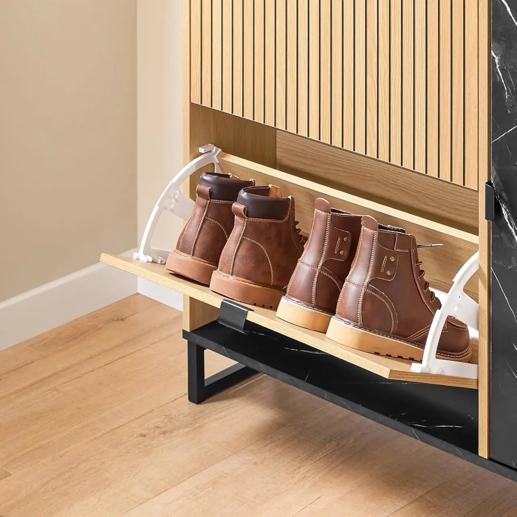 PANM7 - Pantofar 90 cm cu 2 compartimente si rafturi, pantofare, depozitare pantofi, mobilier hol riflaje - Maro - Negru imitatie de marmura