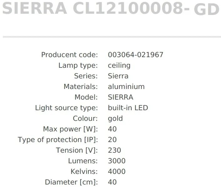 Plafoniera LED moderna SIERRA auriu, diametru 40cm