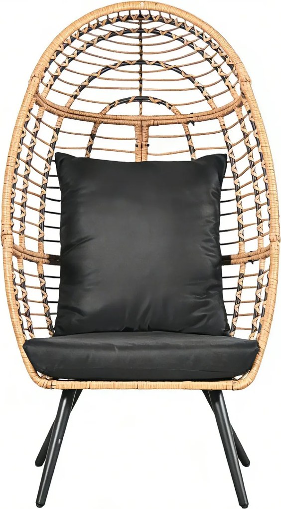 Scaun tip ou din ratan PE pentru grădină sau terasă, cu pernă groasă, material impermeabil, 74x83x146 cm, Negru/Bej