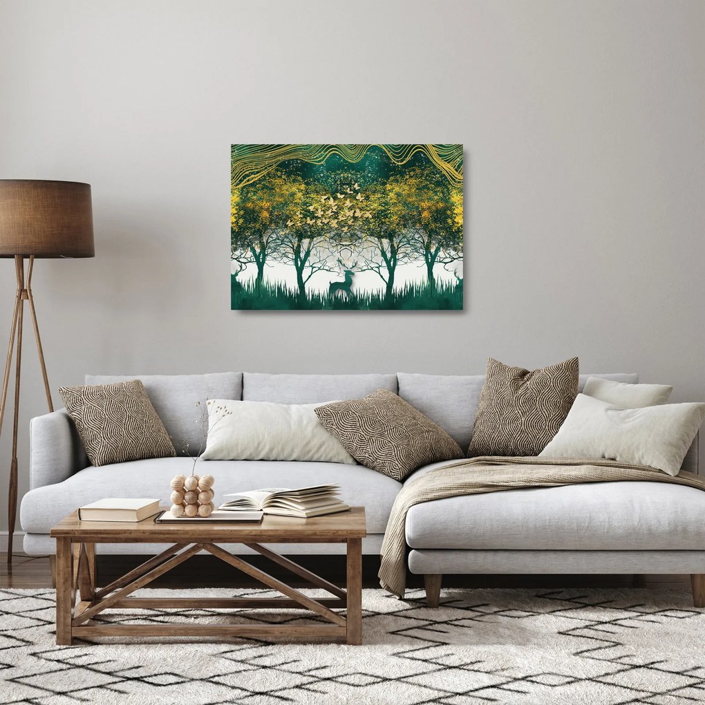 Tablou pe sticlă - Căprioare în pădurea verde (70x50 cm)