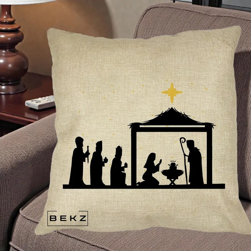 Perna Decorativa Nasterea Pruncului Silueta Neagra si Stea Aurie, 40x40 cm, Crem, Husa Detasabila, Perna Inclusa, BEKZ®