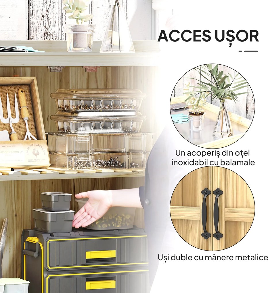 Outsunny Dulap Exterior, Depozit pentru Unelte cu Raft, din Lemn cu 2 Uși pentru Grădină, Terasă, Culoare Lemn Natural | Aosom Romania
