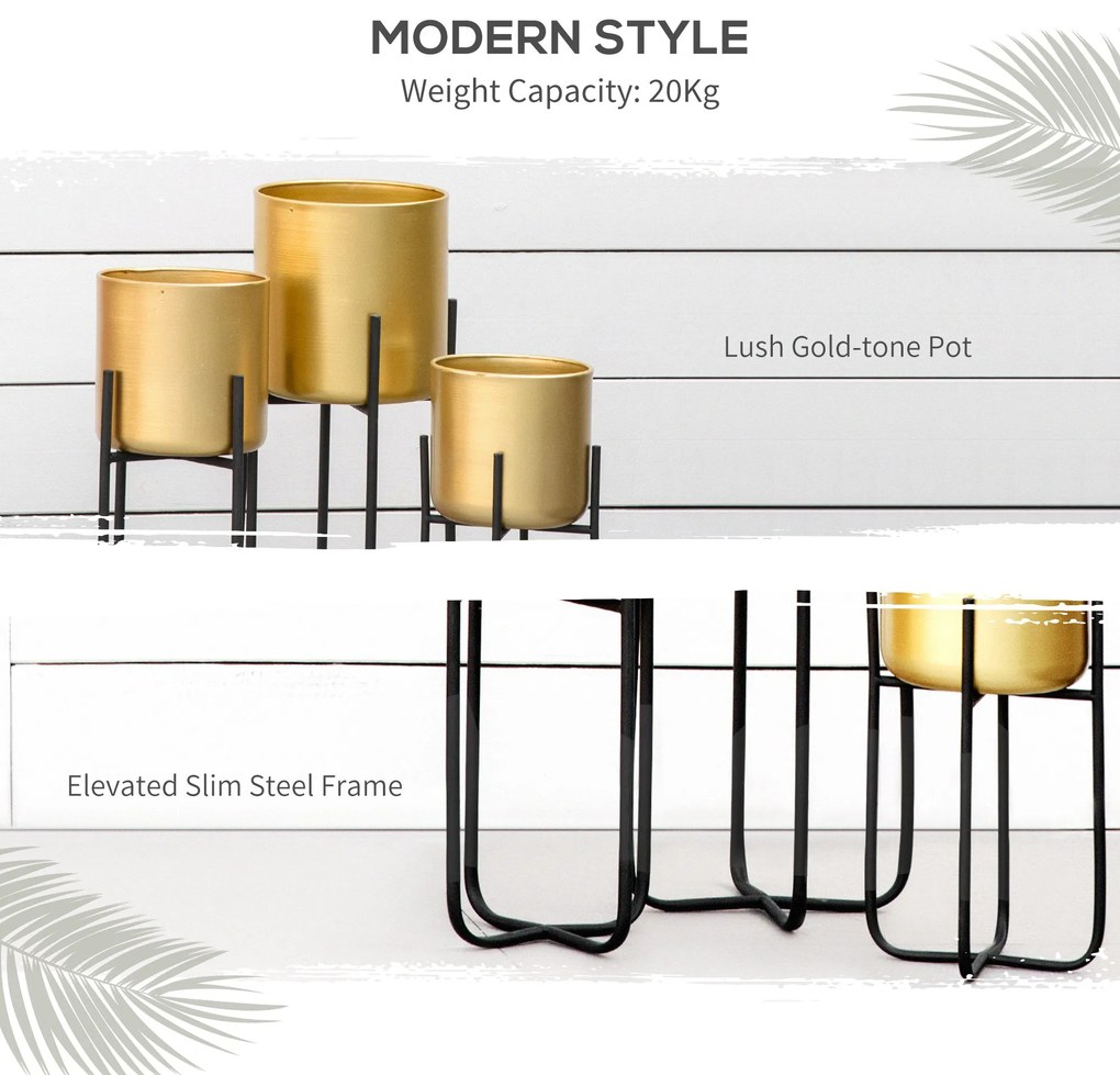 Outsunny Jardiniera Set de 3 Piese Ghivece Inaltate Auriu cu Suport din Metal pentru Amenajare la Interior si Exterior | Aosom Romania
