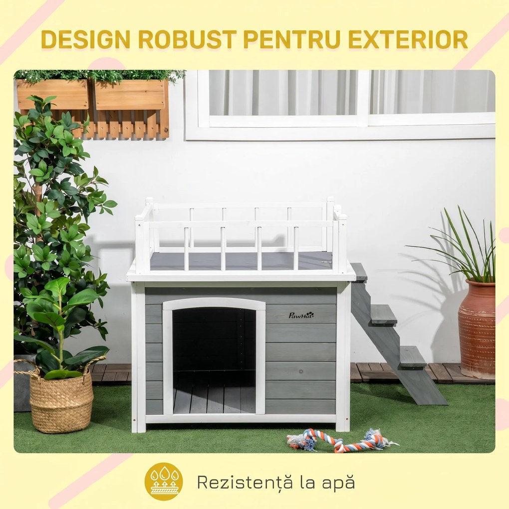 PawHut Cusca Exterior pentru Caini cu Balcon Scări și Picioare Înălțate Rezistentă la Intemperii | Aosom Romania