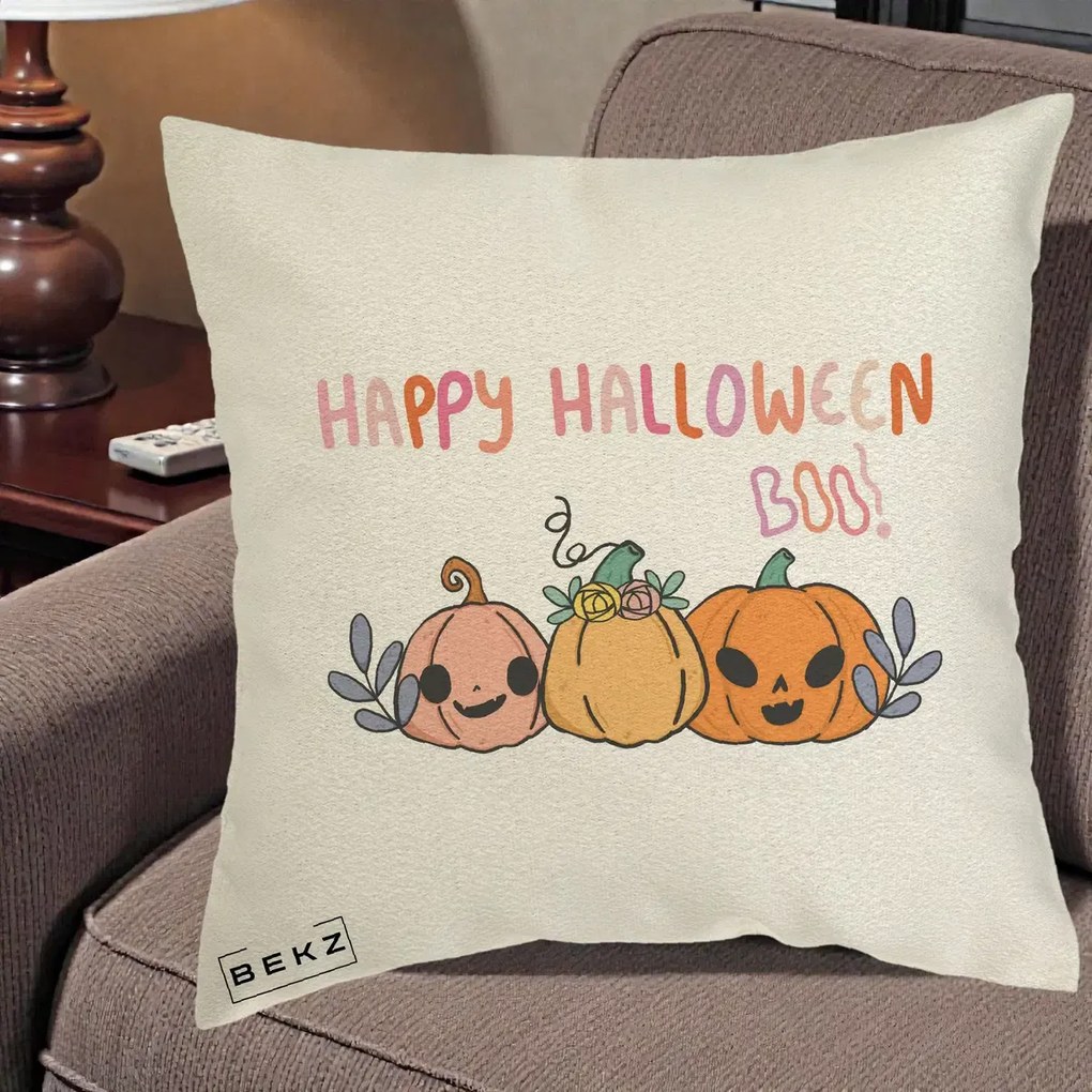 Perna de Halloween Happy Boo Trei Dovlecei Kawaii, 40x40 cm cu Umplutura, Ecru, BEKZ