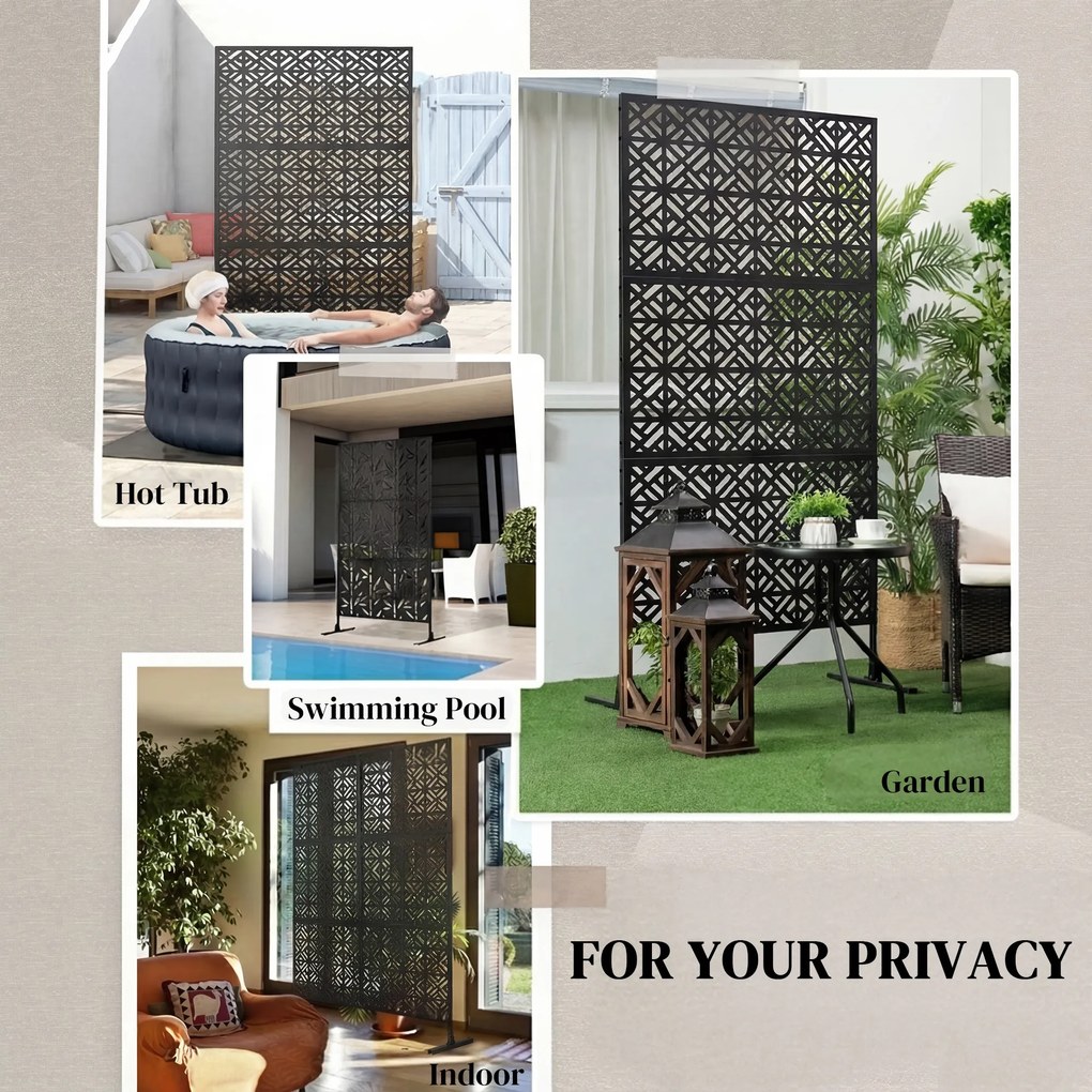 Outsunny Panou despărțitor decorativ pentru intimitate exterior Claustra decorativă pentru grădină 3 panouri cu model geometric Oțel 92x40x192cm Negru | Aosom Romania