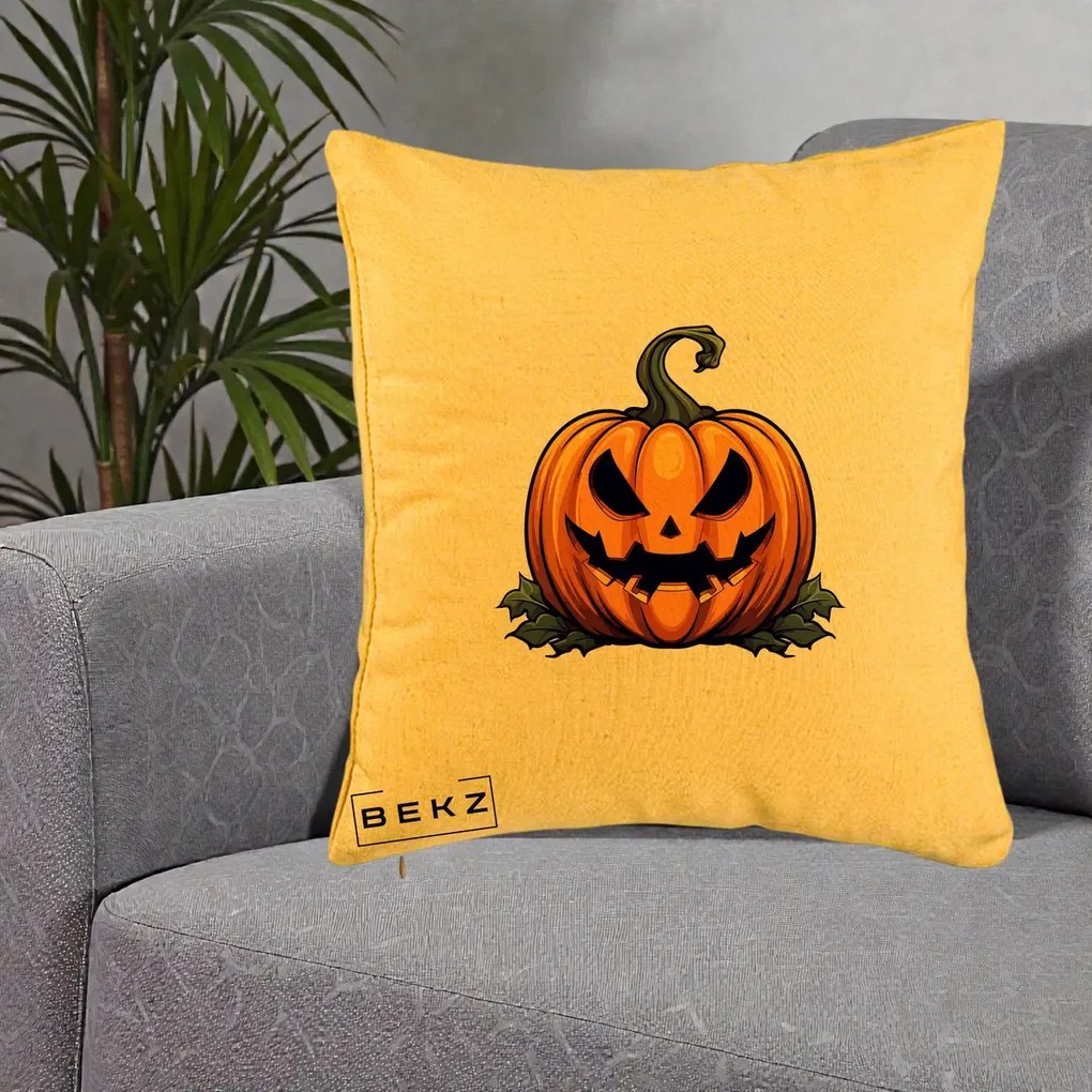 Perna Decorativa Halloween Jack-o'-Lantern Infricosator, 40x40 cm, Galben, Husa Detasabila, Perna Inclusa, BEKZ®
