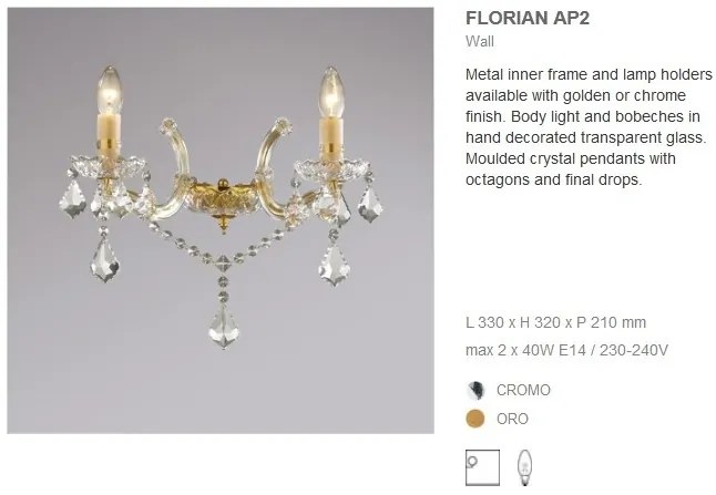 Aplica 2 brate cristal Venezian auriu FLORIAN AP2 oro 035659