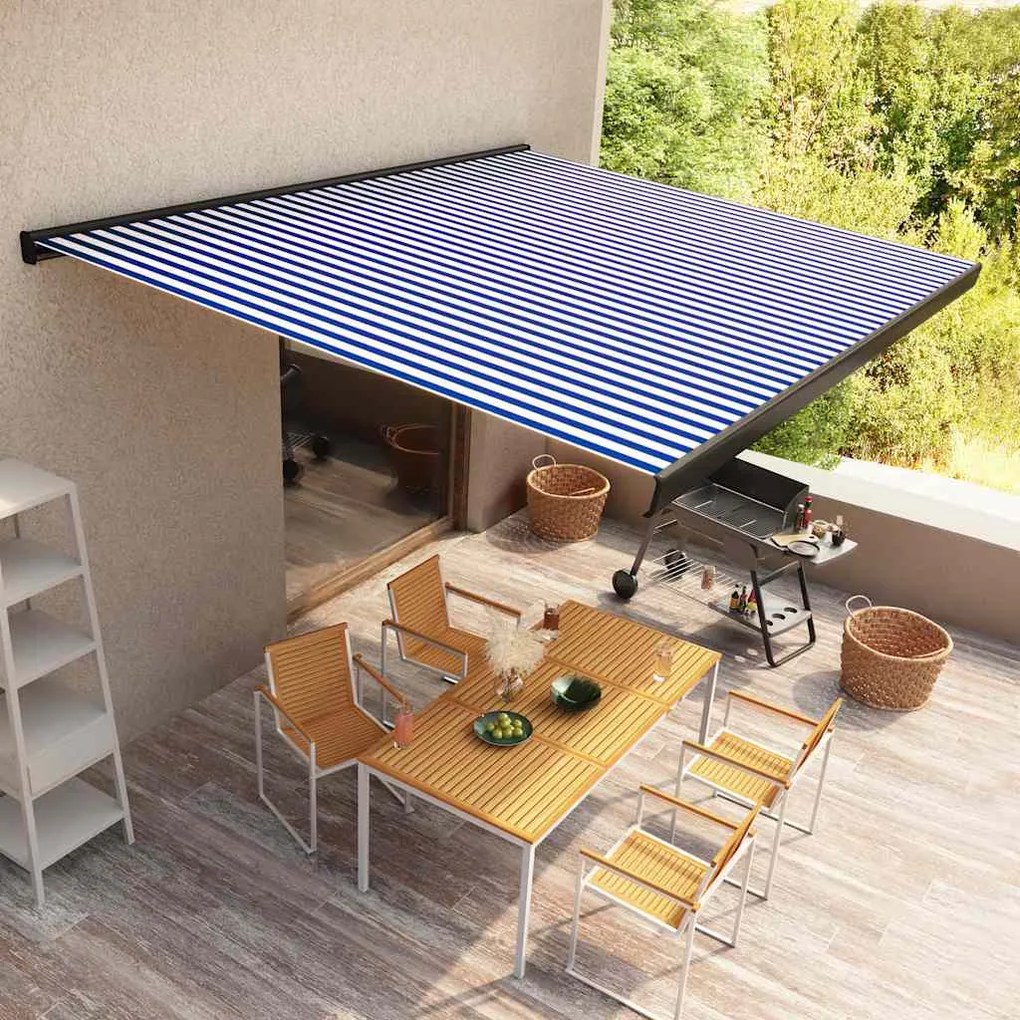 vidaXL Copertină motorizată tip casetă, albastru și alb, 400 x 300 cm