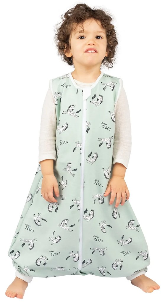 Sac de dormit cu picioare din bumbac flausat 18-36 luni Kidizi Zebra Mint, 1 tog, mansete transformabile in sosete,model ajustabil