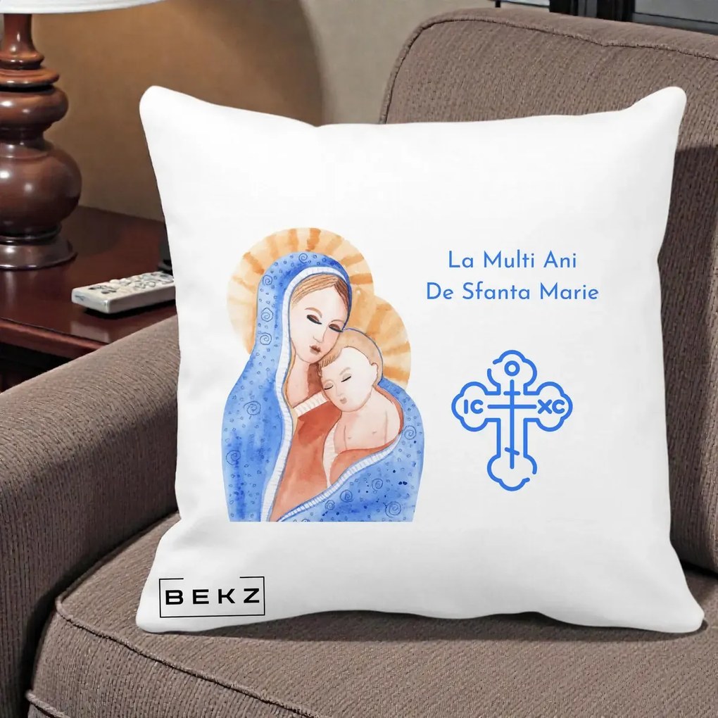 Cadou de Onomastica - Perna Personalizata Sfanta Marie Icoana Acuarela, 40x40 cm, Alba Mata, Husa Detasabila, Perna Inclusa, BEKZ®