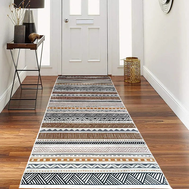 Traversa hol antiderapanta, 80x300 cm, bej, model etnic geometric