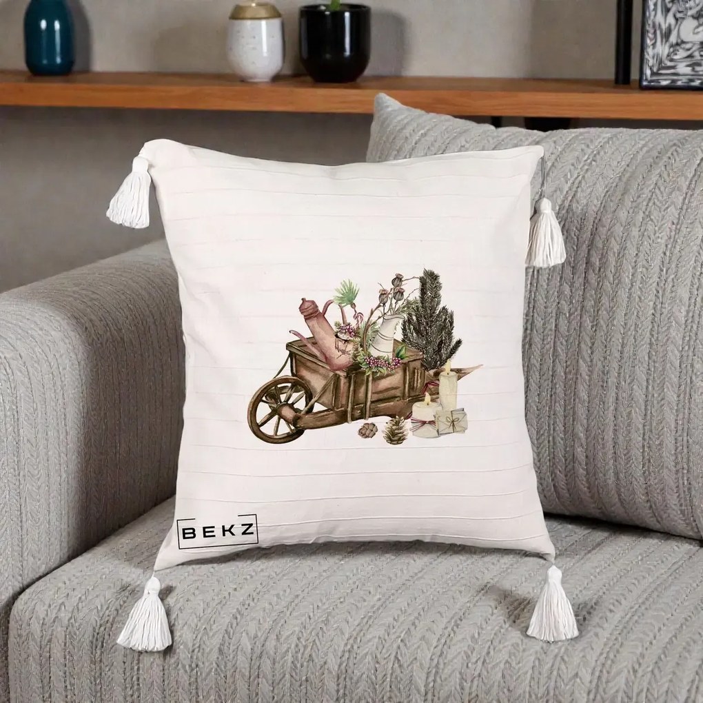 Perna Decorativa Roaba Rustica de Craciun, 40x40 cm, Bej cu Franjuri, Husa Detasabila, Perna Inclusa, BEKZ®