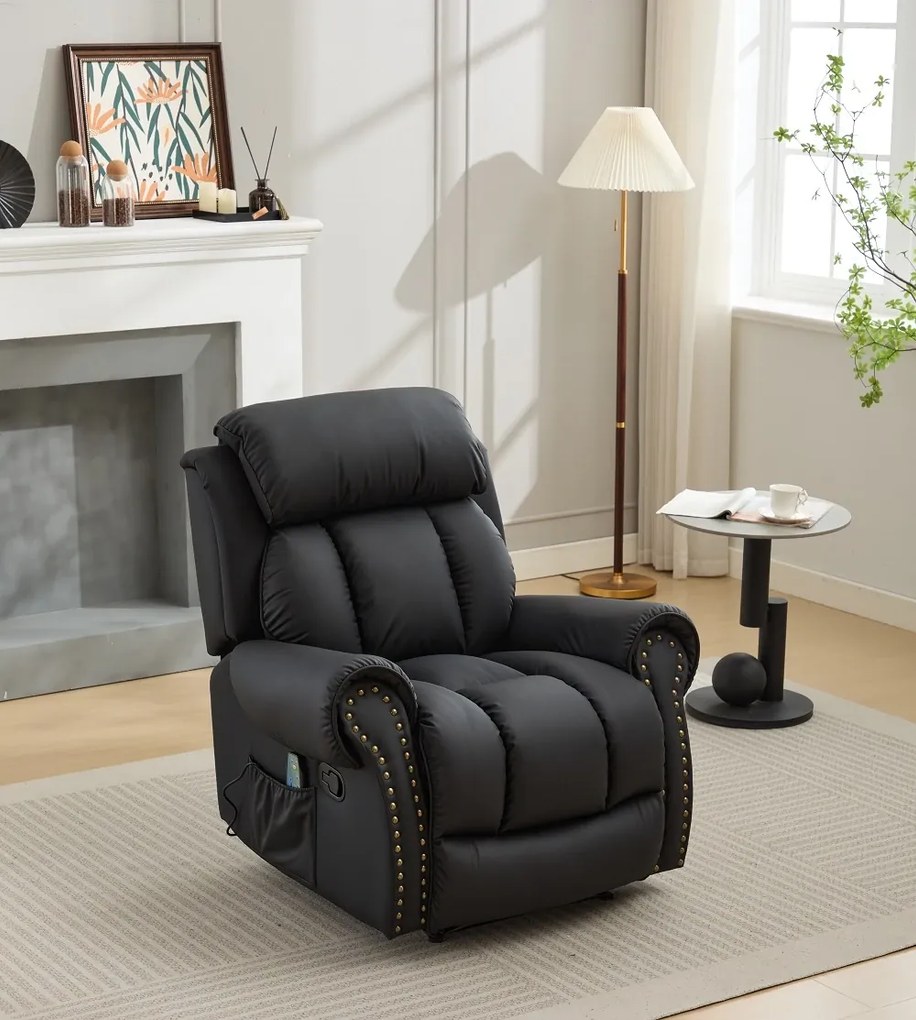 Fotoliu Masaj si Incalzire, Recliner, suport picioare extensibil, Air PU Premium, Negru