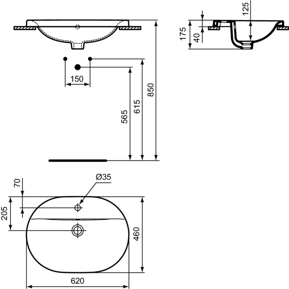 Lavoar incastrat alb 62 cm, oval, orificiu baterie si preaplin Ideal Standard Connect