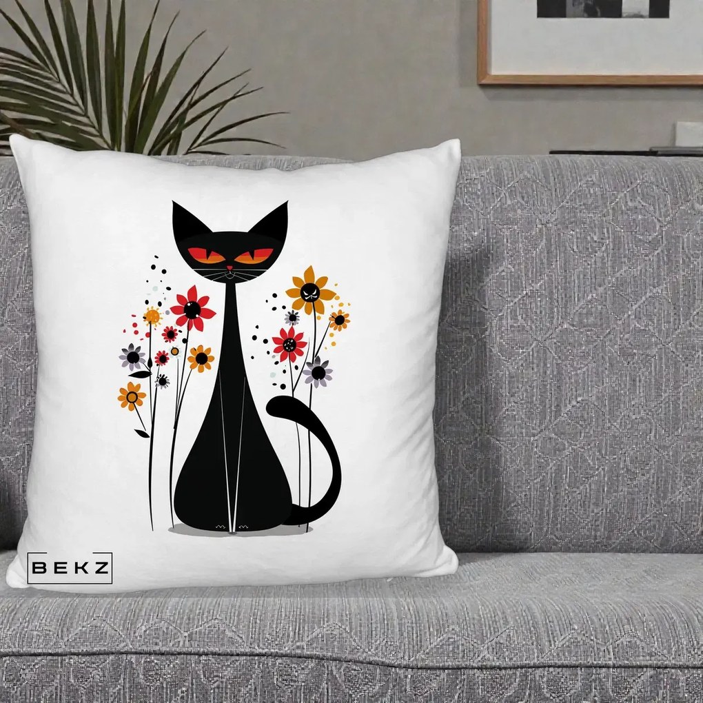 Perna Decorativa Pisica Neagra Ochi Rosii Flori, 40x40 cm, Alb Pufos, Husa Detasabila, Perna Inclusa, BEKZ®