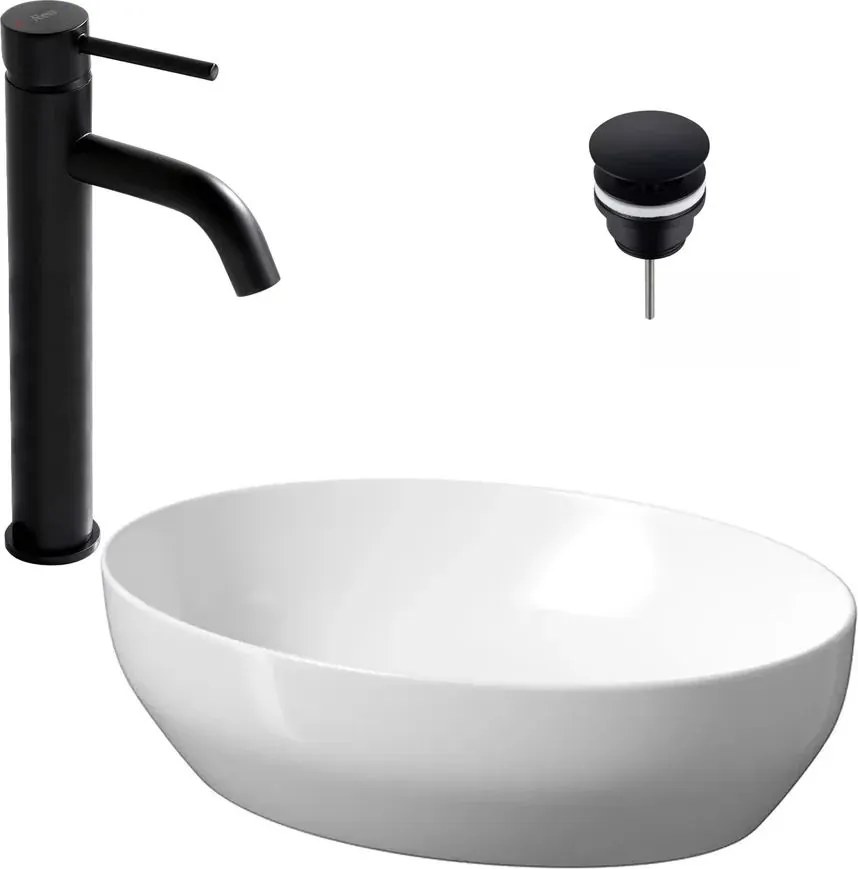 Pachet lavoar pe blat Cersanit Larga alb 50 cm, baterie lavoar Rea Lungo negru si ventil lavoar Click-Clack D negru