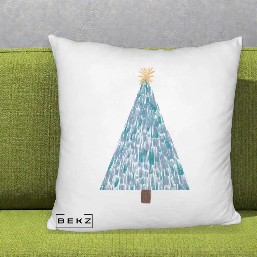 Perna Decorativa Brad de Craciun Acrilic Albastru, 40x40 cm, Alb Pufos, Husa Detasabila, Perna Inclusa, BEKZ®