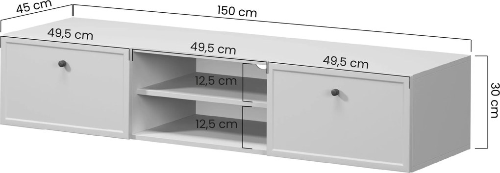 Comodă TV suspendată Lorini 150 cm cu sertare - culoare cașmir / mânere aurii tip T-bar