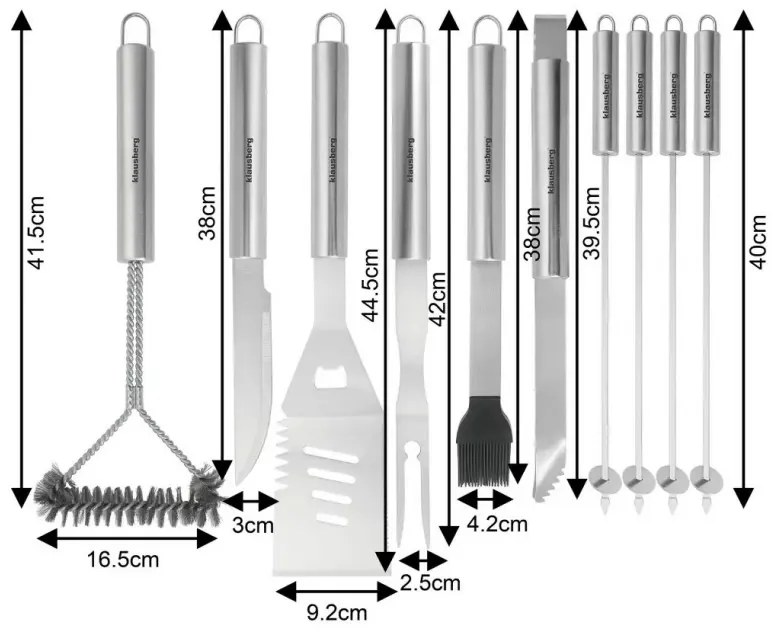Set de 11 ustensile de grătar Klausberg KB 7901, Geantă de transport, Mânere ergonomice, Oțel inoxidabil, Inox