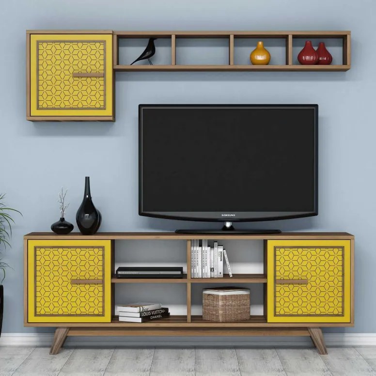 Comoda TV Ayla - Walnut, Yellow