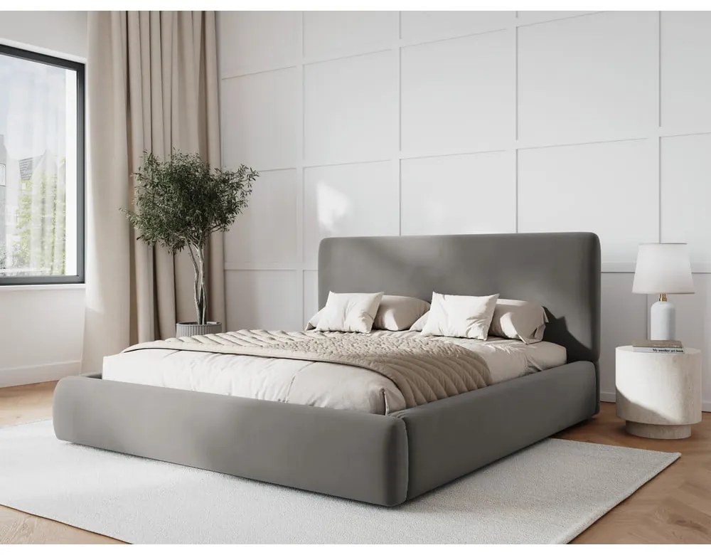 Pat matrimonial gri tapițat cu spațiu de depozitare cu somieră 160x200 cm Colonel – Cosmopolitan Design