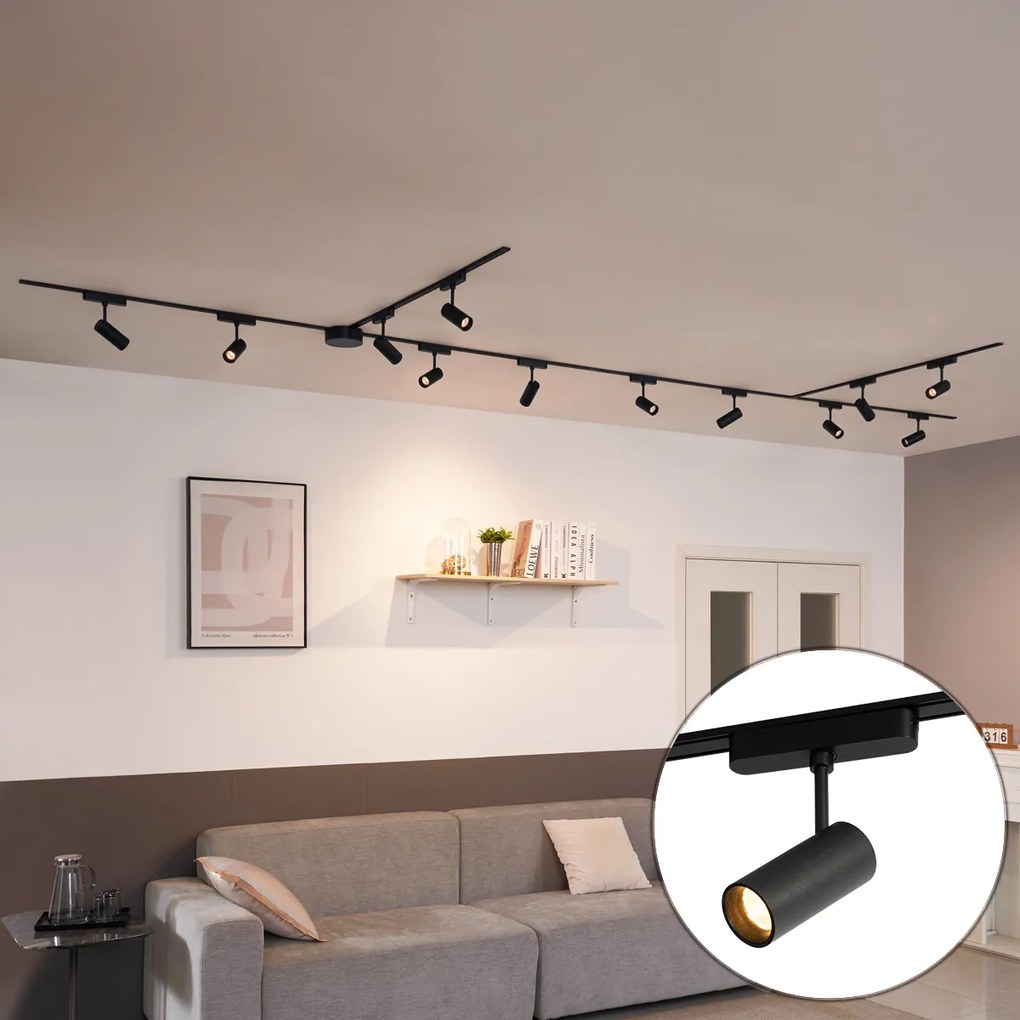 Sistem de iluminat modern pe șină cu 12 spoturi negre monofazate 600 cm - Magnetic Gert