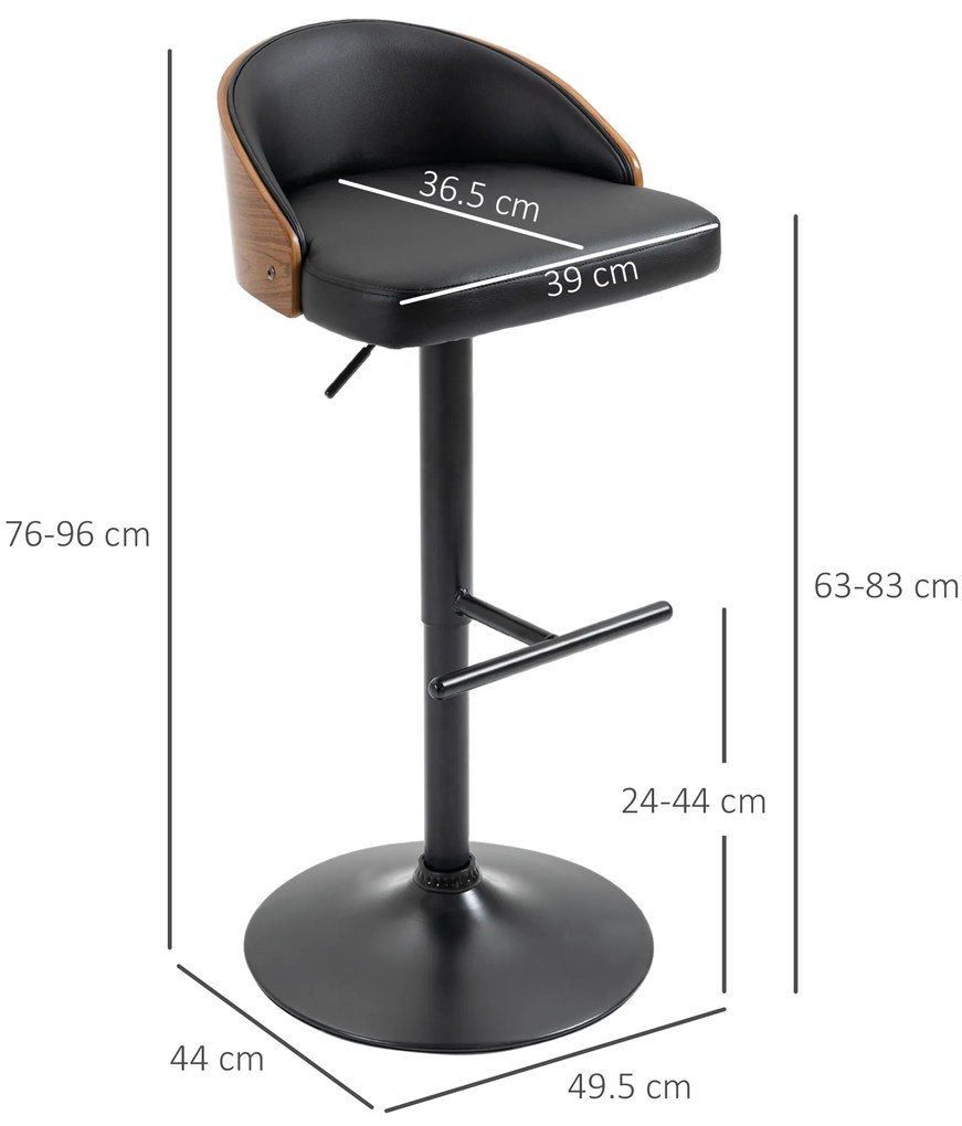 HOMCOM Scaune de Bar Set 2 buc., Scaun de Bar Tapitat din Oțel și Lemn Masiv, Înălțime Reglabilă pentru Bucătărie cu Suport pentru Picior, Rotativ 360°, Scaun de Bar pentru Bucătărie, Sufragerie, Sală de Mese, Negru+Cafea | Aosom Romania