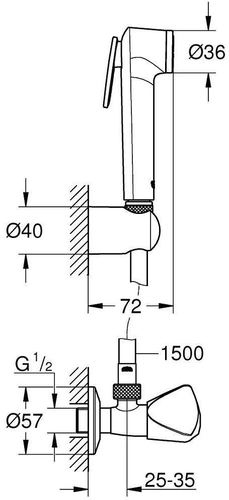 Grohe Tempesta-F Trigger 30 Dus igienic cu suport, robinet cu ventil de colt, furtun 150 cm, crom
