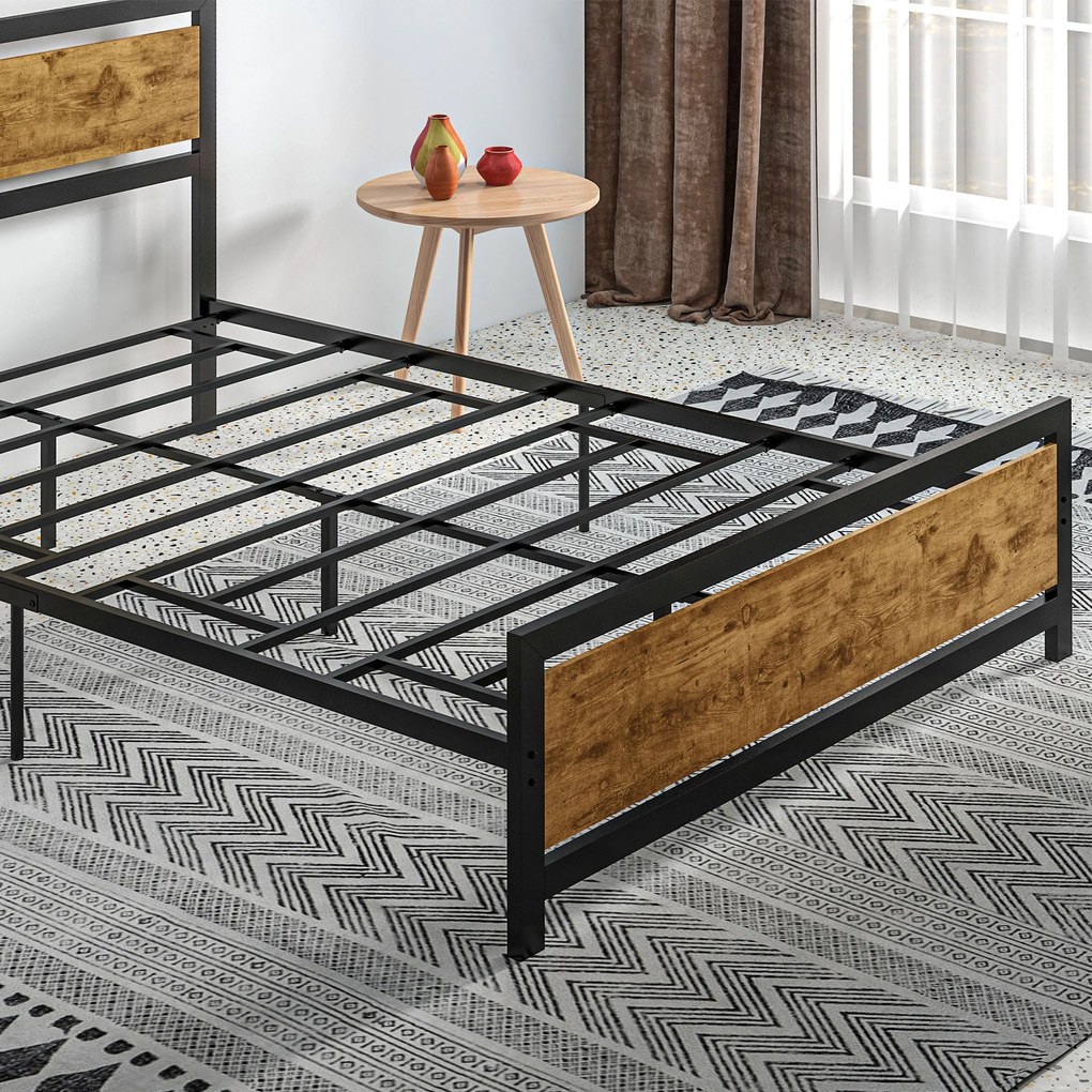 HOMCOM Cadru de Pat Single din Lemn și Oțel 140x200cm, Sipci, Tetieră Stil Industrial, Negru/Maro Rustic | Aosom Romania