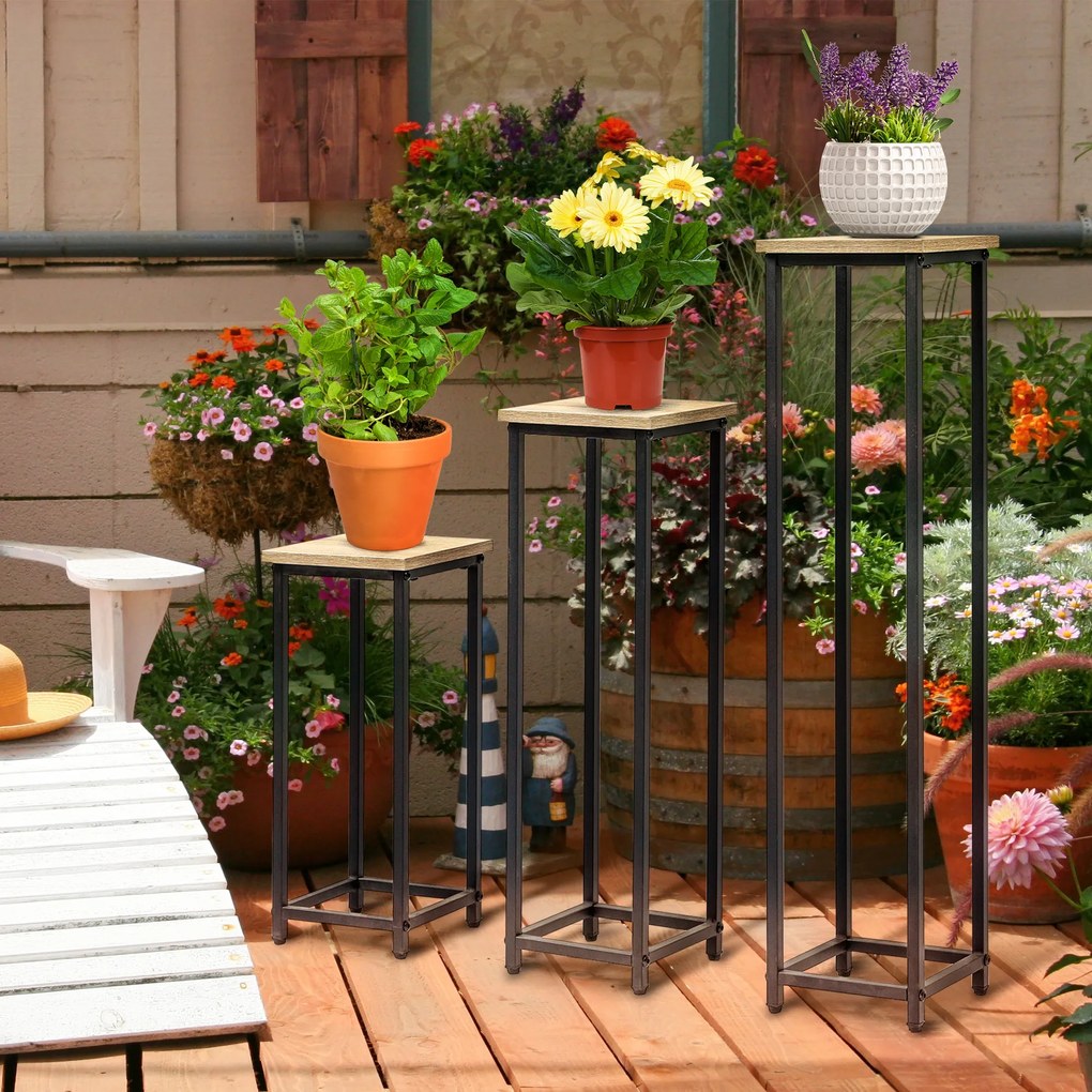 Outsunny Set de 3 suporturi pentru ghivece portplante patrate empilabile - 21 x 21 x 50/70/90 cm - otel | Aosom Romania