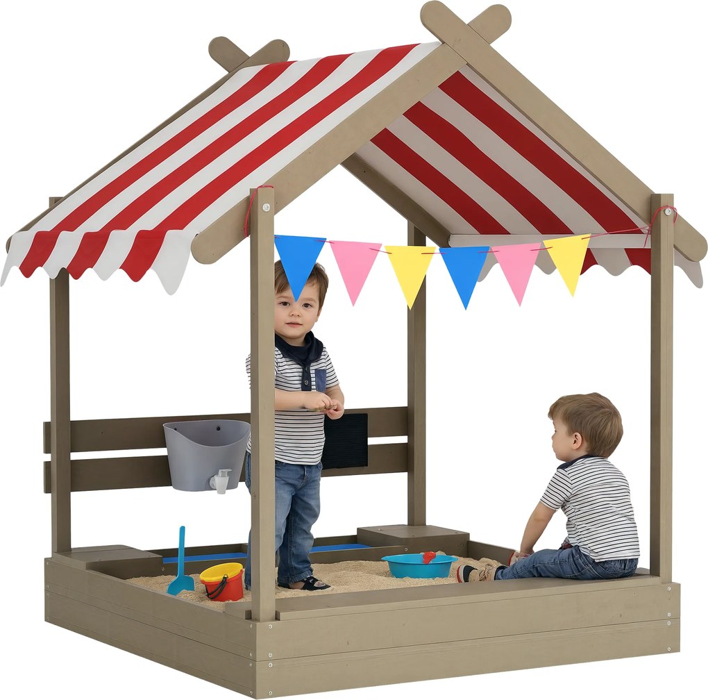 Outsunny Cutie de nisip cu protecție solară, design casă de joacă, cu set de jucării, lemn masiv tratat, 124 x 116 x 146 cm, Gri | Aosom Romania