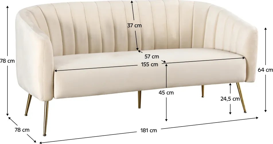 Canapea de design cu 3 locuri, ţesătură Velvet bej/gold crom-auriu, BAGY