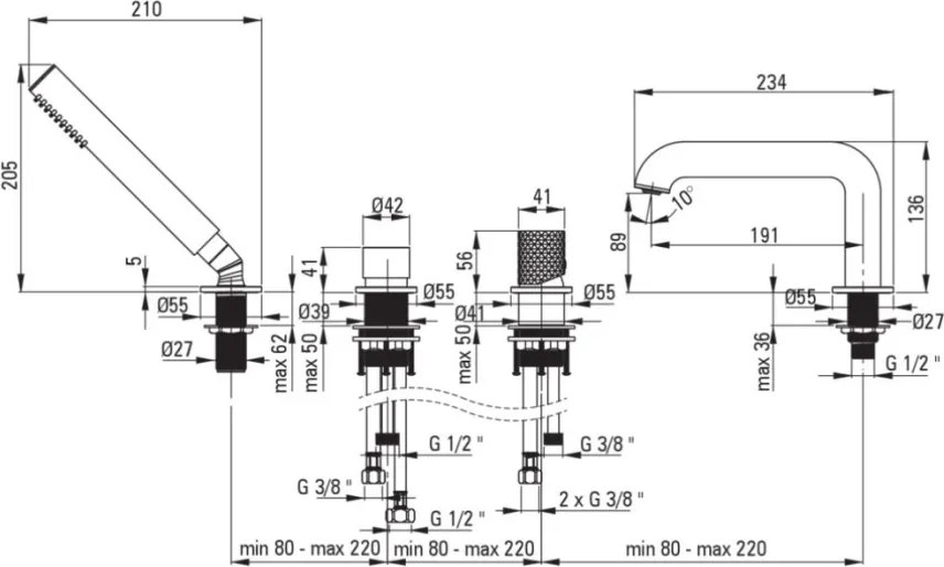 🛁 Baterie pentru cadă SILIA HEXA, 4 orificii, cu set de duș – Finisaj auriu periat – Cod BHS_R14M