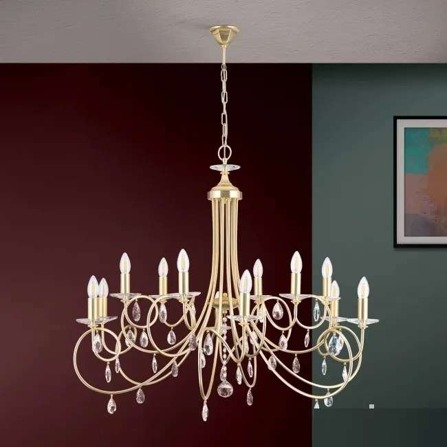 Candelabru 12 brate stil clasic cu cristale Swarovski Giada auriu mat