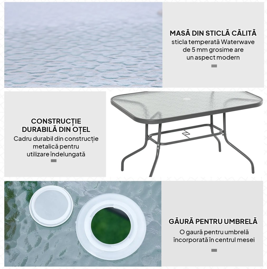 Outsunny Masă Pliabilă pentru Grădină cu Gaură pentru Umbrelă, Mobilier Exterior din Metal și Sticlă, 120x80x70 cm | Aosom Romania