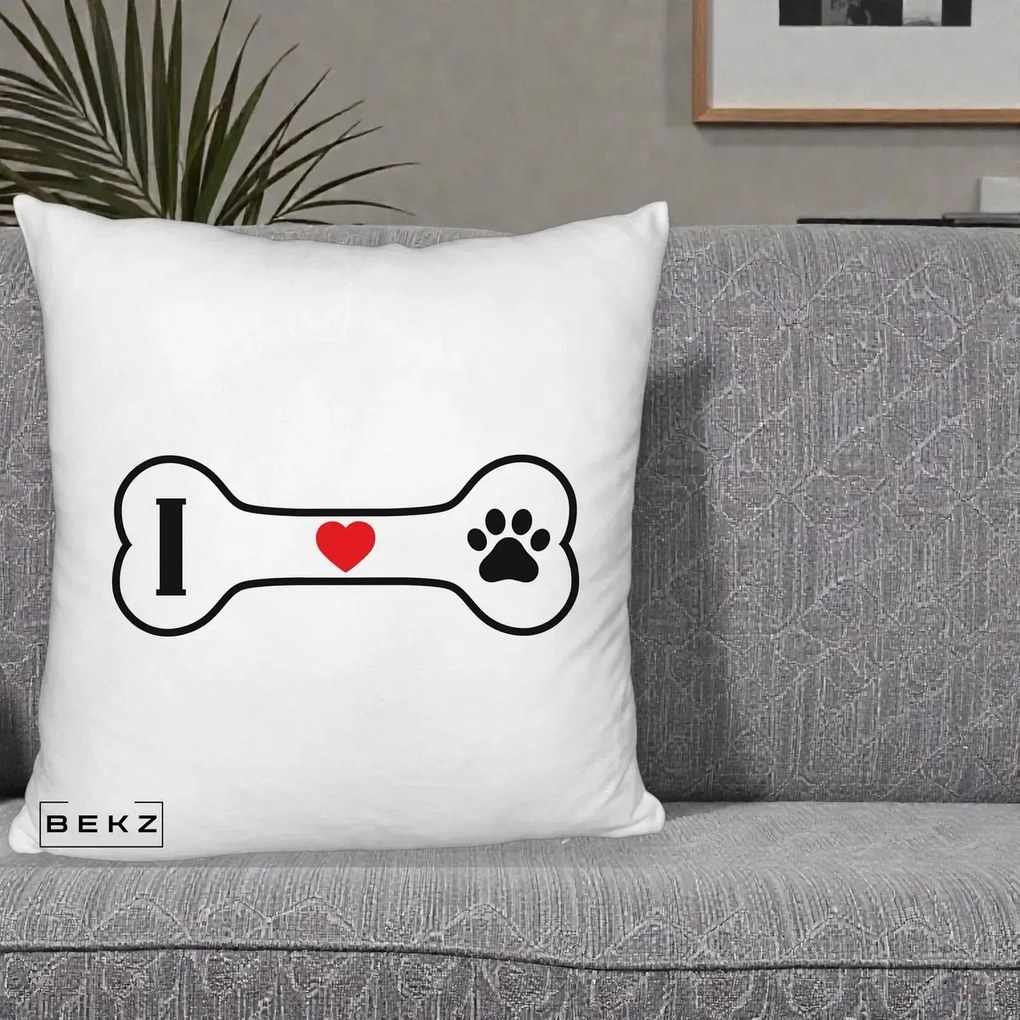 Perna Personalizata I Love Dog Os si Labuta, 40x40 cm, Alb Pufos, Husa Detasabila, Perna Inclusa, BEKZ®