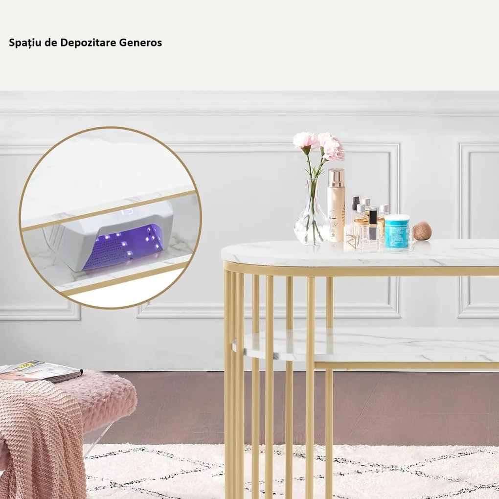 MANIAU207 - Masuta manichiura, 114 cm, masa cosmetica ovala pentru salon - Alb - Auriu