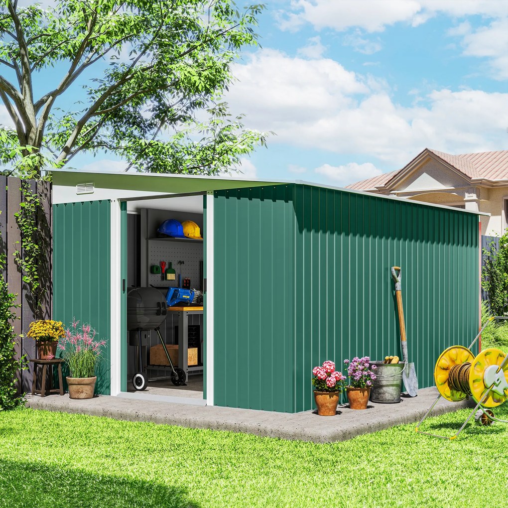 Outsunny Magazie de Gradina cu Ușa Glisantă si Orificii de Aerisire, din Oțel Galvanizat, 345x280,5x169-201cm, Verde | Aosom Romania