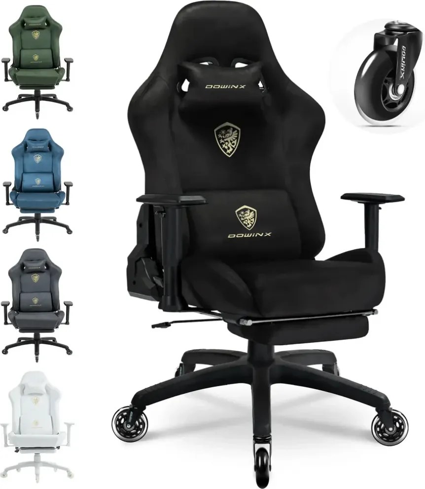 DOWINX 68A - Scaun Gaming Ergonomic, Extra-Lat și Construcție Heavy-Duty, Masaj in perna lombara, Material Textil respirabil, Suport picioare, Roti Silicon, Rezistent 150 kg, Negru
