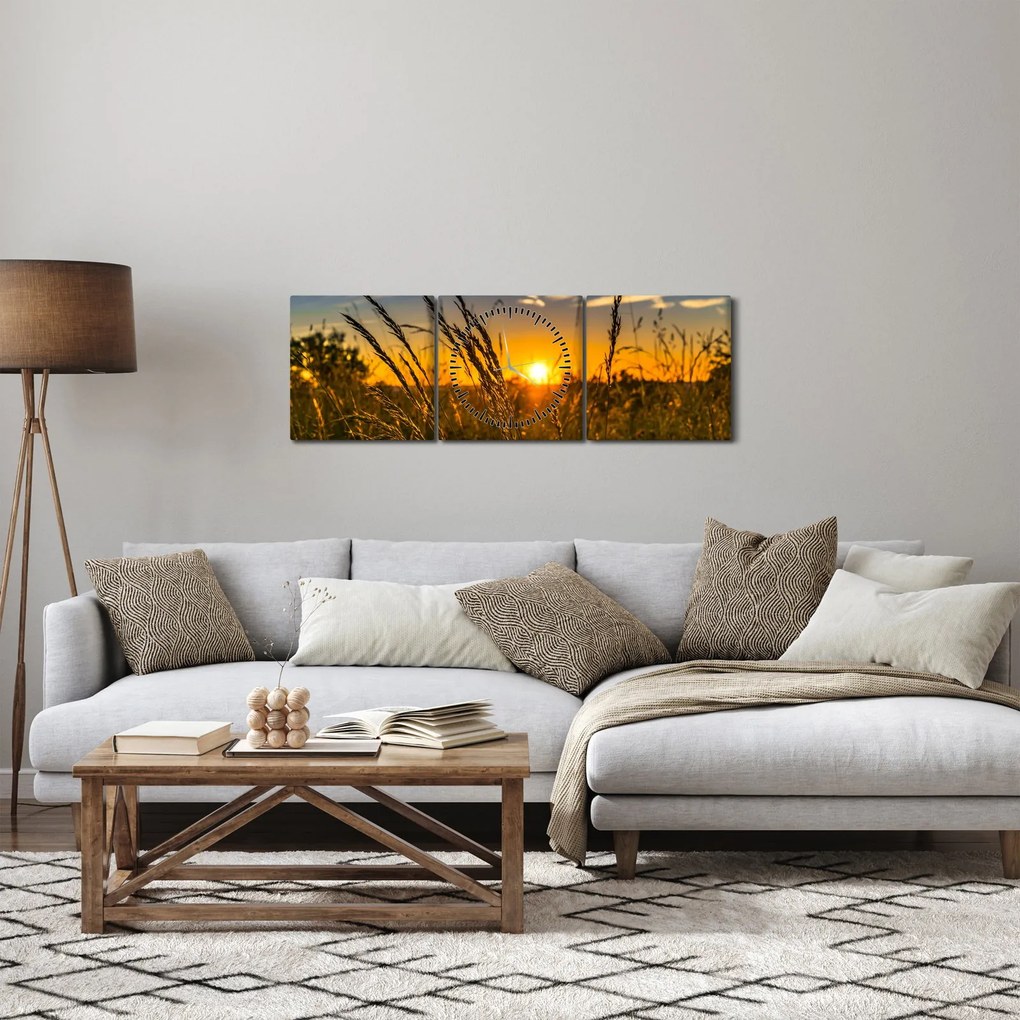 Tablou cu câmp în apus de soare (cu ceas) (90x30 cm)