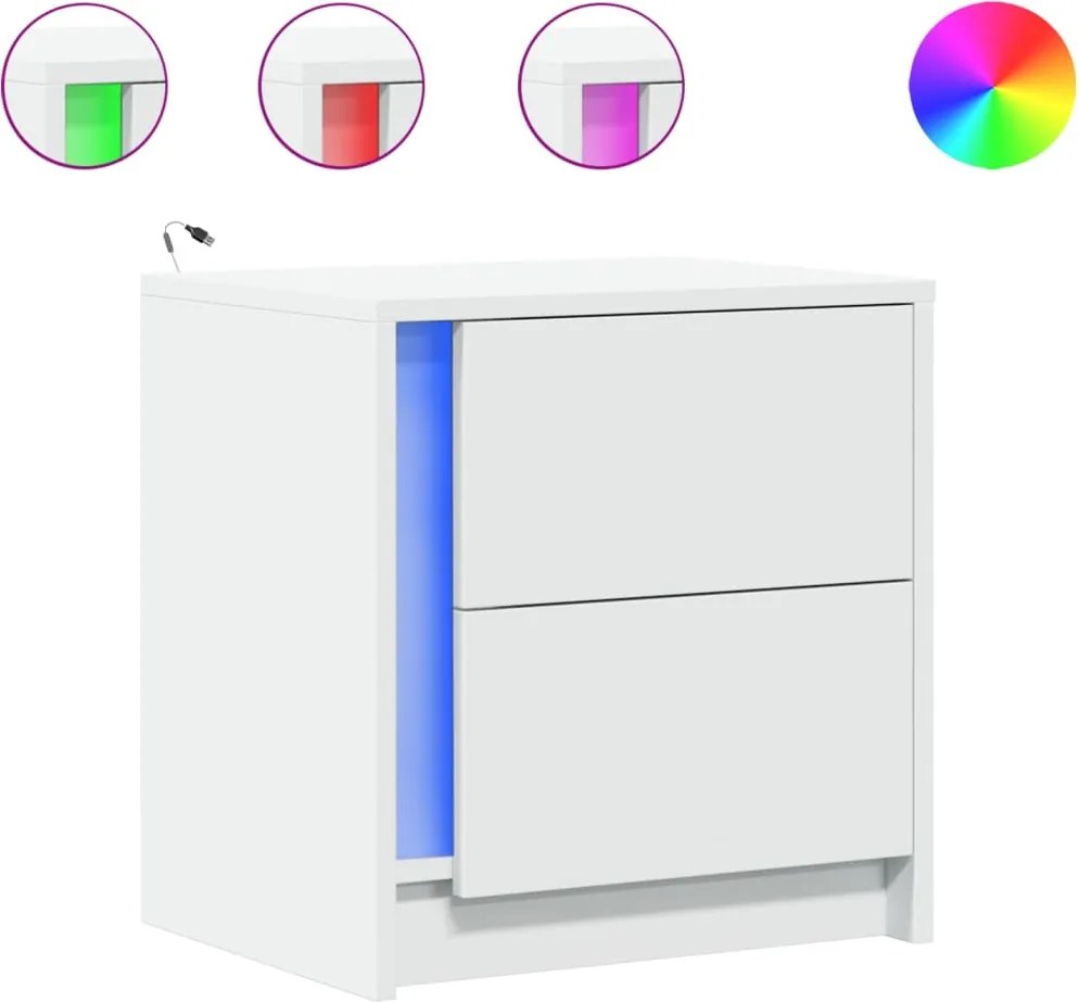vidaXL Noptieră cu lumini LED, alb, lemn prelucrat