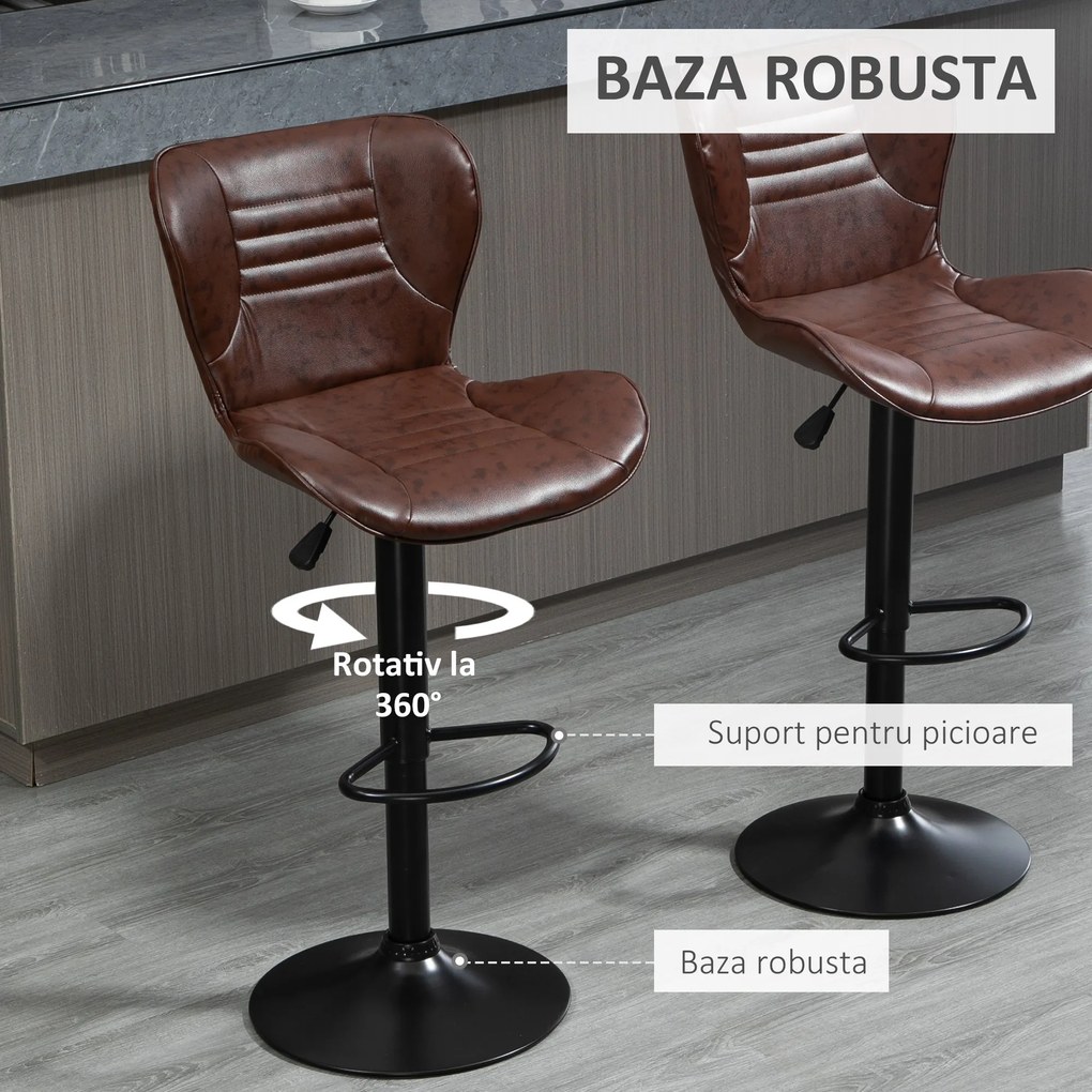 HOMCOM Set 2 Scaune de Bar cu Înălțime Reglabilă, Șezut Rotativ și Suport pentru Picioare, 46,5x54x88-108 cm, Maro | Aosom Romania