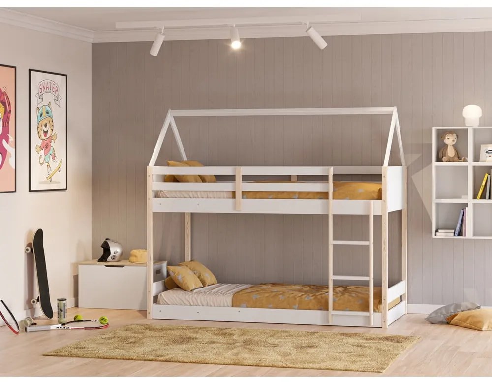 Pat pentru copii alb/în culoare naturală de tip casă/supraetajat 90x190 cm Valka – Marckeric