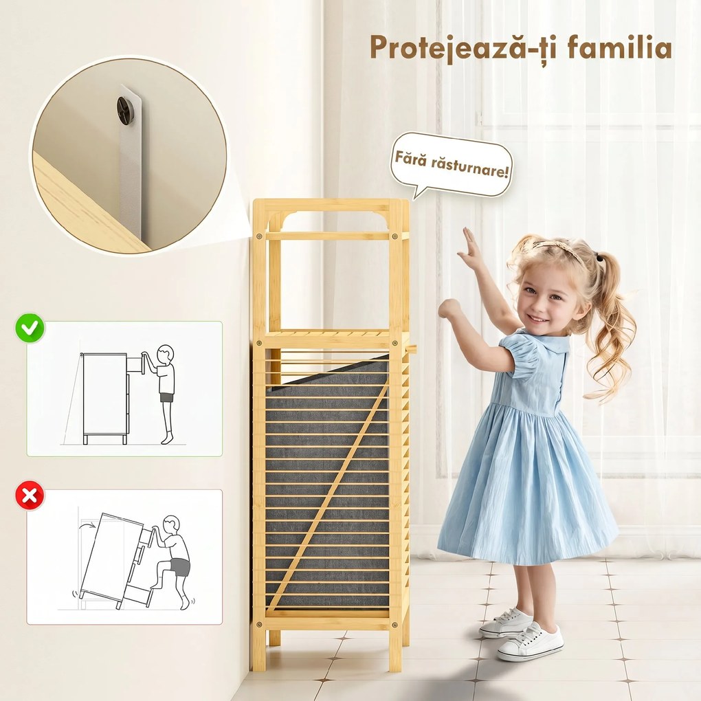 HOMCOM Dulap de baie din bambus cu coș de rufe detașabil de 37 l, natural | Aosom Romania